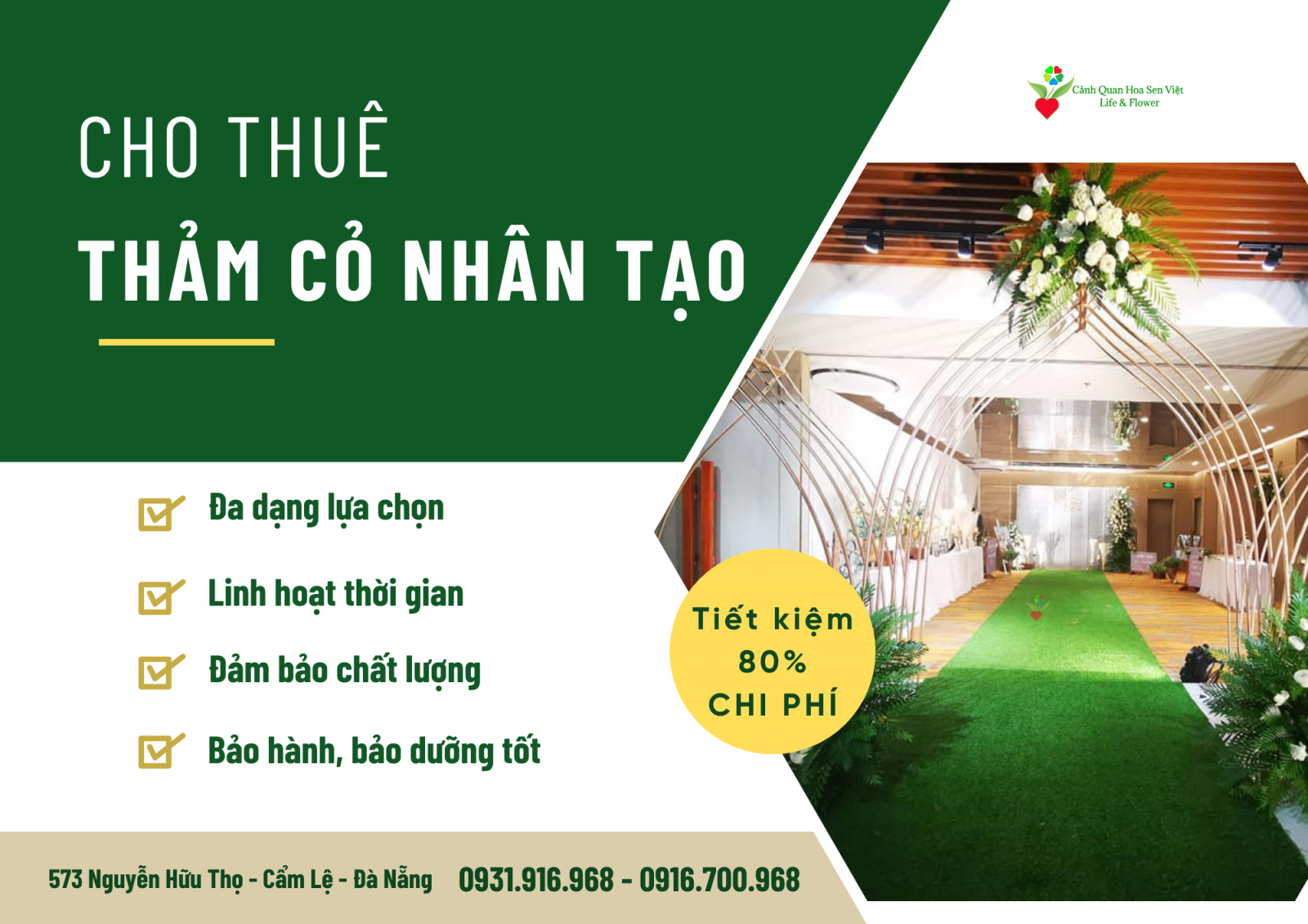 Cho thuê thảm cỏ nhân tạo - Cửa hàng cỏ nhân tạo Đà Nẵng Hoa Sen Việt