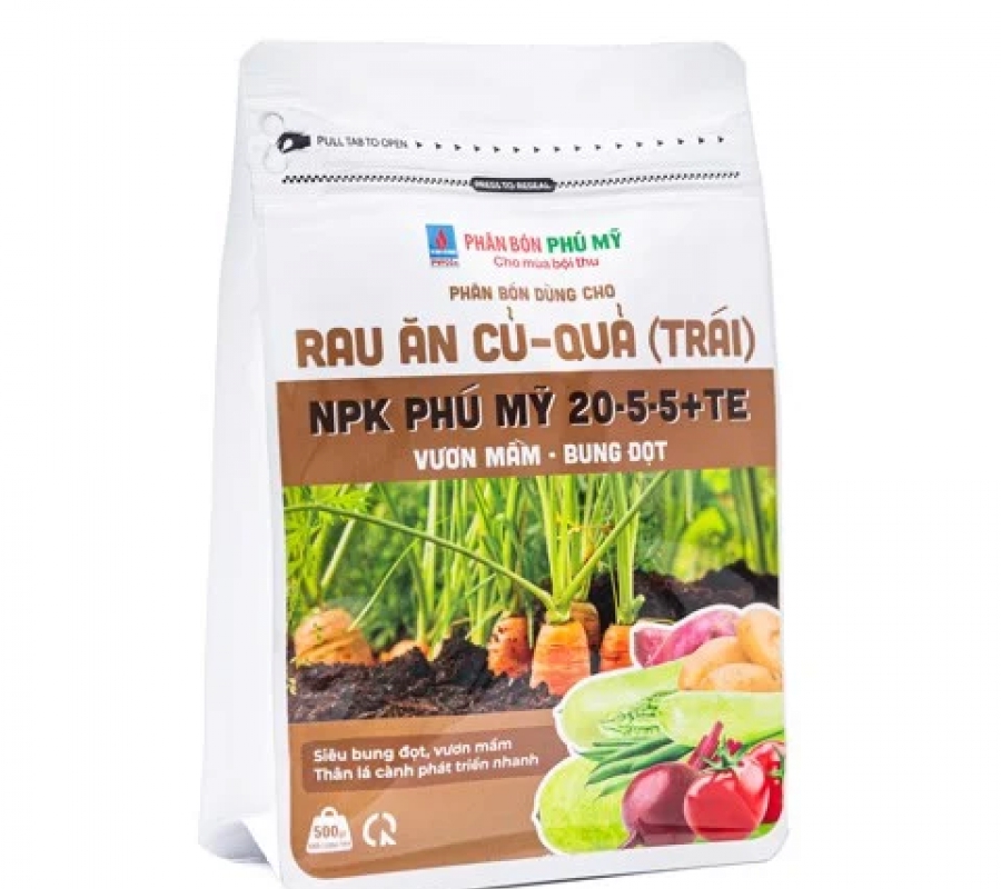 NPK Phú Mỹ 20-5-5 + TE Rau ăn củ - quả - Gói 500gram